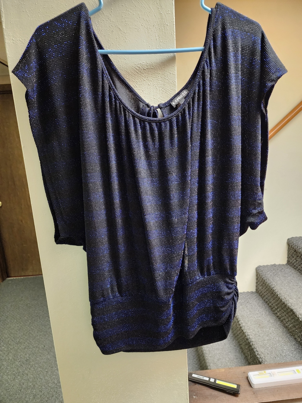 Express Navy Blue Metallic Stripe Short Sleeve Tunic